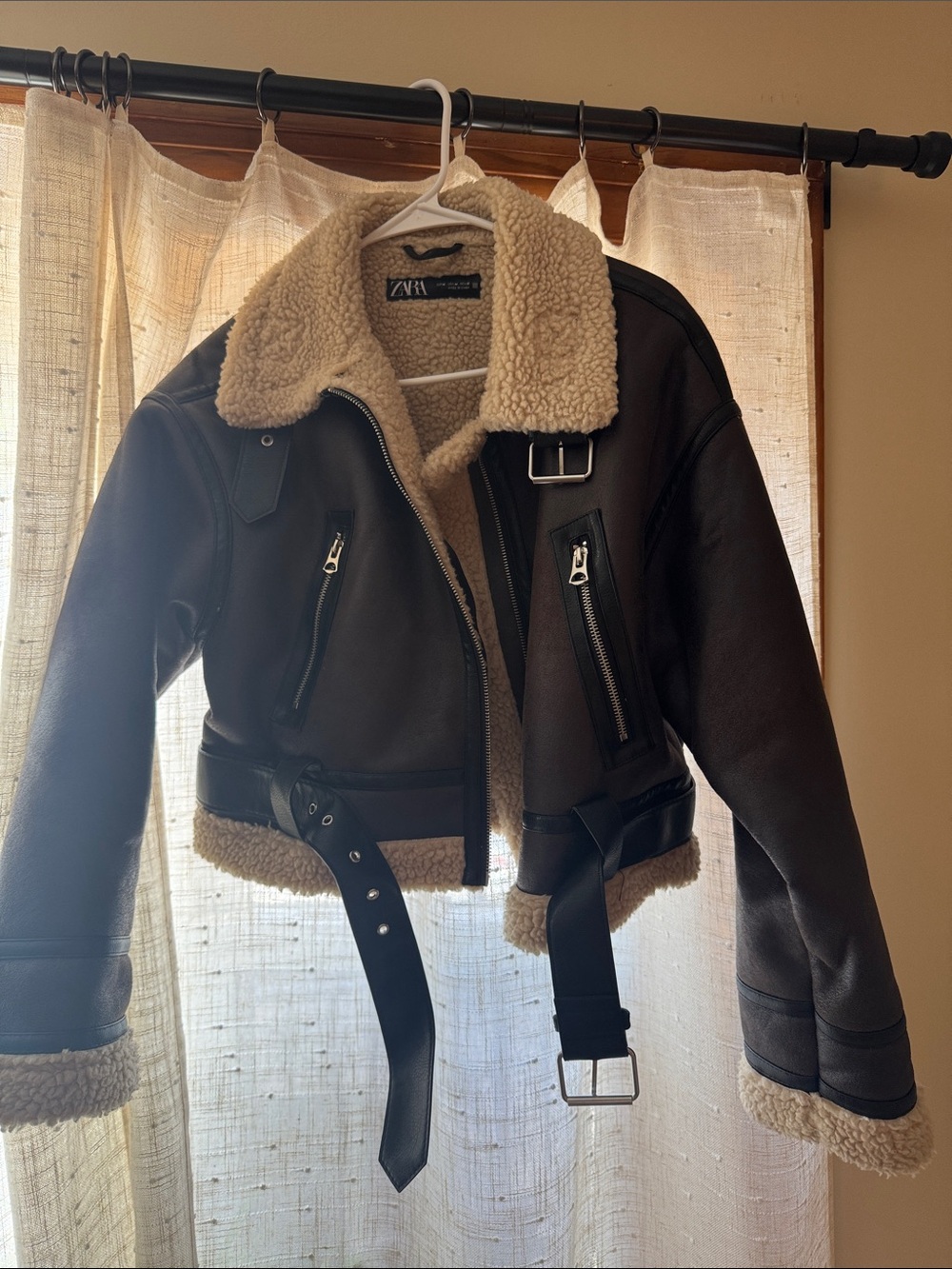 Zara Dark Brown Faux-Leather Shearling Bomber Jacket